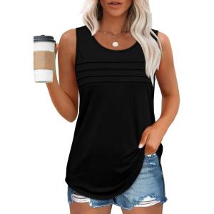 imageOFEEFAN Tank Top for Women Summer Outfits Sleeveless Blouses Dressy Casual Loose Fit Shirts Scooped Neck Pleated Front1black