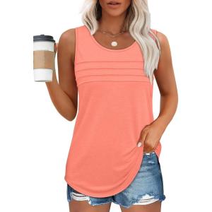 imageOFEEFAN Tank Top for Women Summer Outfits Sleeveless Blouses Dressy Casual Loose Fit Shirts Scooped Neck Pleated Front1coral