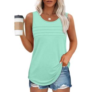 imageOFEEFAN Tank Top for Women Summer Outfits Sleeveless Blouses Dressy Casual Loose Fit Shirts Scooped Neck Pleated Front2aqua