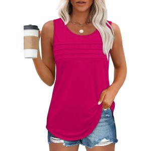 imageOFEEFAN Tank Top for Women Summer Outfits Sleeveless Blouses Dressy Casual Loose Fit Shirts Scooped Neck Pleated Front2hot Pink