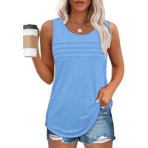 imageOFEEFAN Tank Top for Women Summer Outfits Sleeveless Blouses Dressy Casual Loose Fit Shirts Scooped Neck Pleated Front2light Blue
