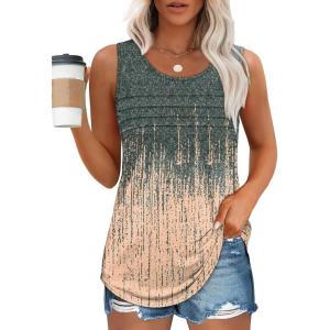 imageOFEEFAN Tank Top for Women Summer Outfits Sleeveless Blouses Dressy Casual Loose Fit Shirts Scooped Neck Pleated Front3tiedye Greycoral