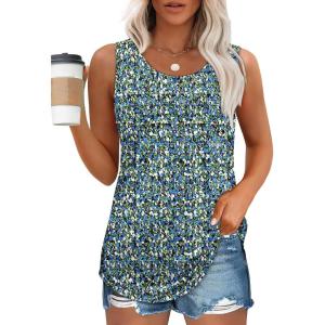 imageOFEEFAN Tank Top for Women Summer Outfits Sleeveless Blouses Dressy Casual Loose Fit Shirts Scooped Neck Pleated Front4floral Blue