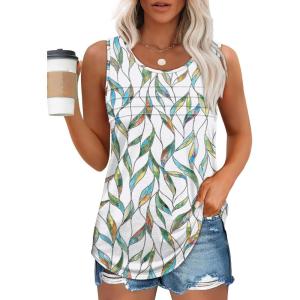 imageOFEEFAN Tank Top for Women Summer Outfits Sleeveless Blouses Dressy Casual Loose Fit Shirts Scooped Neck Pleated Front4floral Leaf