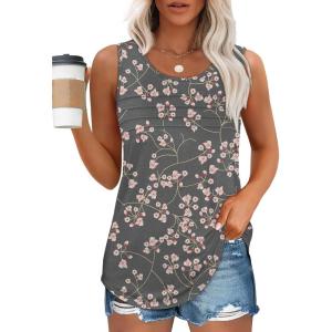 imageOFEEFAN Tank Top for Women Summer Outfits Sleeveless Blouses Dressy Casual Loose Fit Shirts Scooped Neck Pleated Front4floral Pink