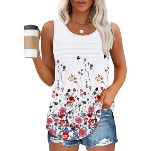 imageOFEEFAN Tank Top for Women Summer Outfits Sleeveless Blouses Dressy Casual Loose Fit Shirts Scooped Neck Pleated Front4floral Red