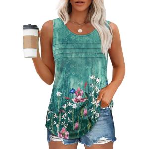 imageOFEEFAN Tank Top for Women Summer Outfits Sleeveless Blouses Dressy Casual Loose Fit Shirts Scooped Neck Pleated Front4floral Teal