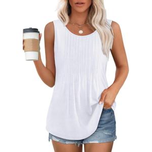 imageOFEEFAN Womens Tank Tops Loose Fit Dressy Casual Sleeveless Blouses Summer Outfits Round Neck Pleated Front Curved Hem0white