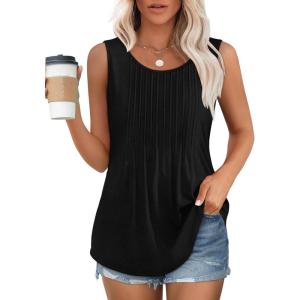 imageOFEEFAN Womens Tank Tops Loose Fit Dressy Casual Sleeveless Blouses Summer Outfits Round Neck Pleated Front Curved Hem1black