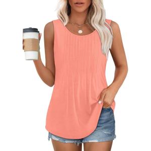 imageOFEEFAN Womens Tank Tops Loose Fit Dressy Casual Sleeveless Blouses Summer Outfits Round Neck Pleated Front Curved Hem1coral