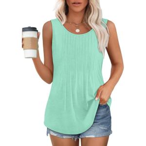 imageOFEEFAN Womens Tank Tops Loose Fit Dressy Casual Sleeveless Blouses Summer Outfits Round Neck Pleated Front Curved Hem2aqua