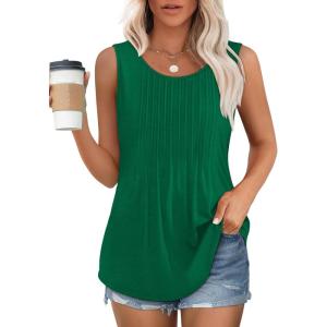 imageOFEEFAN Womens Tank Tops Loose Fit Dressy Casual Sleeveless Blouses Summer Outfits Round Neck Pleated Front Curved Hem2green