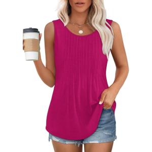 imageOFEEFAN Womens Tank Tops Loose Fit Dressy Casual Sleeveless Blouses Summer Outfits Round Neck Pleated Front Curved Hem3hot Pink