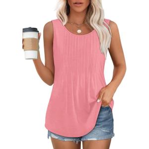 imageOFEEFAN Womens Tank Tops Loose Fit Dressy Casual Sleeveless Blouses Summer Outfits Round Neck Pleated Front Curved Hem3light Pink