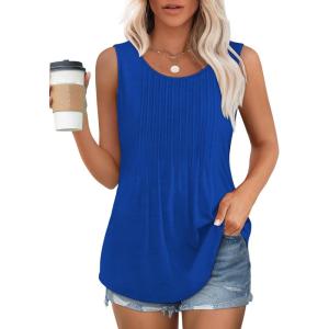 imageOFEEFAN Womens Tank Tops Loose Fit Dressy Casual Sleeveless Blouses Summer Outfits Round Neck Pleated Front Curved Hem3royal Blue