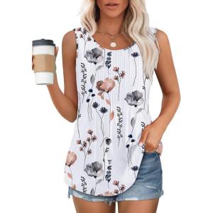 imageOFEEFAN Womens Tank Tops Loose Fit Dressy Casual Sleeveless Blouses Summer Outfits Round Neck Pleated Front Curved Hem4floral Grey