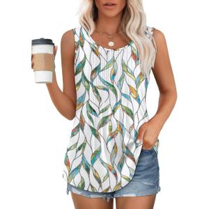 imageOFEEFAN Womens Tank Tops Loose Fit Dressy Casual Sleeveless Blouses Summer Outfits Round Neck Pleated Front Curved Hem4floral Leaf