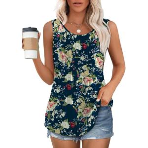 imageOFEEFAN Womens Tank Tops Loose Fit Dressy Casual Sleeveless Blouses Summer Outfits Round Neck Pleated Front Curved Hem4floral Navy