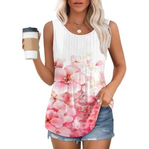 imageOFEEFAN Womens Tank Tops Loose Fit Dressy Casual Sleeveless Blouses Summer Outfits Round Neck Pleated Front Curved Hem4floral Pink