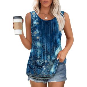 imageOFEEFAN Womens Tank Tops Loose Fit Dressy Casual Sleeveless Blouses Summer Outfits Round Neck Pleated Front Curved Hem5tiedye Blue