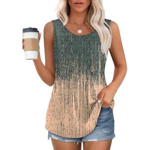 imageOFEEFAN Womens Tank Tops Loose Fit Dressy Casual Sleeveless Blouses Summer Outfits Round Neck Pleated Front Curved Hem5tiedye Greycoral