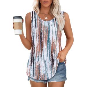 imageOFEEFAN Womens Tank Tops Loose Fit Dressy Casual Sleeveless Blouses Summer Outfits Round Neck Pleated Front Curved Hem5tiedye Multicolor
