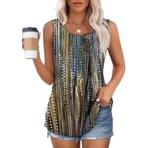 imageOFEEFAN Womens Tank Tops Loose Fit Dressy Casual Sleeveless Blouses Summer Outfits Round Neck Pleated Front Curved Hem6dots Multicolor