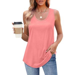 imageOFEEFAN Womens Tank Tops Loose Fit Scoop Neck Casual Summer Tops Curvy HemD Coral