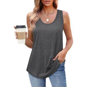 imageOFEEFAN Womens Tank Tops Loose Fit Scoop Neck Casual Summer Tops Curvy HemD Grey