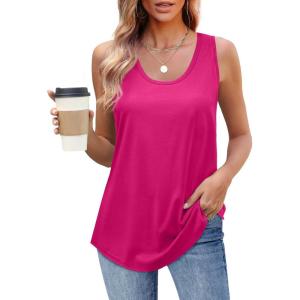 imageOFEEFAN Womens Tank Tops Loose Fit Scoop Neck Casual Summer Tops Curvy HemD Hot Pink