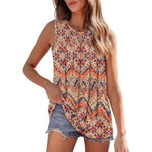 imageOFEEFAN Womens Tank Tops Summer Pleated Crew Neck Sleeveless Tops for Women Ruched Loose17boho