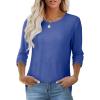imageOFEEFAN 34 Length Sleeve Womens Tops Dressy Casual Spring Summer Round Neck Loose Fit Casual Eyelet ShirtsBlue