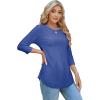 imageOFEEFAN 34 Length Sleeve Womens Tops Dressy Casual Spring Summer Round Neck Loose Fit Casual Eyelet ShirtsBlue