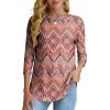 imageOFEEFAN 34 Length Sleeve Womens Tops Dressy Casual Spring Summer Round Neck Loose Fit Casual Eyelet ShirtsBohemia