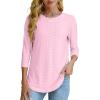 imageOFEEFAN 34 Length Sleeve Womens Tops Dressy Casual Spring Summer Round Neck Loose Fit Casual Eyelet ShirtsPink