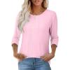 imageOFEEFAN 34 Length Sleeve Womens Tops Dressy Casual Spring Summer Round Neck Loose Fit Casual Eyelet ShirtsPink