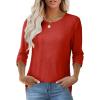 imageOFEEFAN 34 Length Sleeve Womens Tops Dressy Casual Spring Summer Round Neck Loose Fit Casual Eyelet ShirtsRed