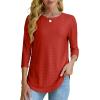 imageOFEEFAN 34 Length Sleeve Womens Tops Dressy Casual Spring Summer Round Neck Loose Fit Casual Eyelet ShirtsRed
