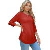 imageOFEEFAN 34 Length Sleeve Womens Tops Dressy Casual Spring Summer Round Neck Loose Fit Casual Eyelet ShirtsRed
