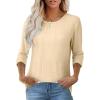 imageOFEEFAN 34 Length Sleeve Womens Tops Dressy Casual Spring Summer Round Neck Loose Fit Casual Eyelet ShirtsYellow