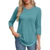 imageOFEEFAN 34 Length Sleeve Womens Tops Round Neck Blouses Dressy Casual Basic Pleated Shirts 2025Blue Green