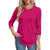 imageOFEEFAN 34 Length Sleeve Womens Tops Round Neck Blouses Dressy Casual Basic Pleated Shirts 2025Hot Pink