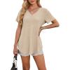 imageOFEEFAN Womens T Shirts V Neck Short Sleeve Casual Tops Loose Fit Basic Tees with Curved HemBeige