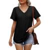 imageOFEEFAN Womens T Shirts V Neck Short Sleeve Casual Tops Loose Fit Basic Tees with Curved HemBlack