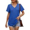 imageOFEEFAN Womens T Shirts V Neck Short Sleeve Casual Tops Loose Fit Basic Tees with Curved HemBlue