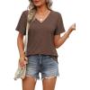 imageOFEEFAN Womens T Shirts V Neck Short Sleeve Casual Tops Loose Fit Basic Tees with Curved HemBrown