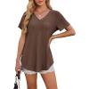 imageOFEEFAN Womens T Shirts V Neck Short Sleeve Casual Tops Loose Fit Basic Tees with Curved HemBrown