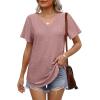 imageOFEEFAN Womens T Shirts V Neck Short Sleeve Casual Tops Loose Fit Basic Tees with Curved HemDark Pink Coral