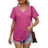 imageOFEEFAN Womens T Shirts V Neck Short Sleeve Casual Tops Loose Fit Basic Tees with Curved HemHot Pink