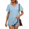 imageOFEEFAN Womens T Shirts V Neck Short Sleeve Casual Tops Loose Fit Basic Tees with Curved HemLight Blue